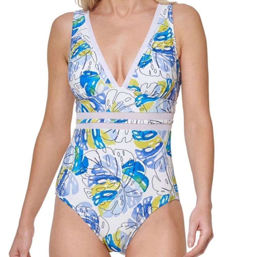 Tommy Hilfiger Sky Captain Multi Printed Monstera Leaf One-Piece Swimsuit size 6